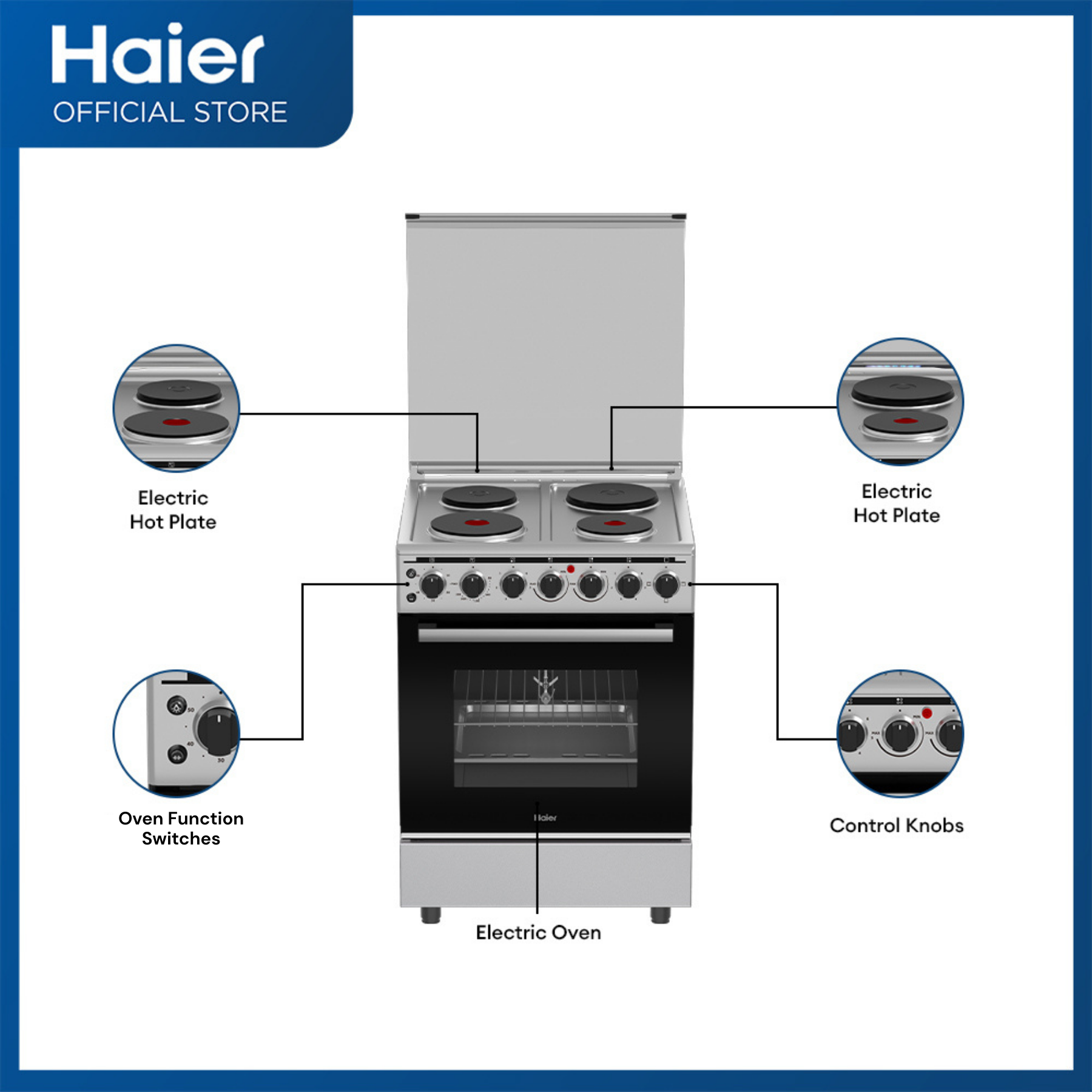 Haier HFS-604E86EOSS 60 cm 4 Electric Hot Plate with 86L Electric Oven Cooking Range (Rotisserie & Electric Grill)