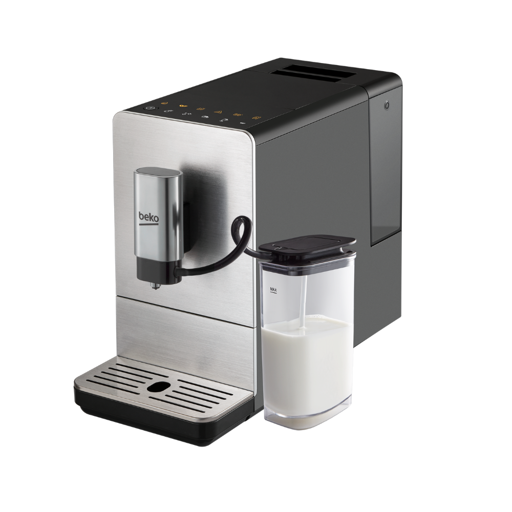Espresso machine with milk container on a white background