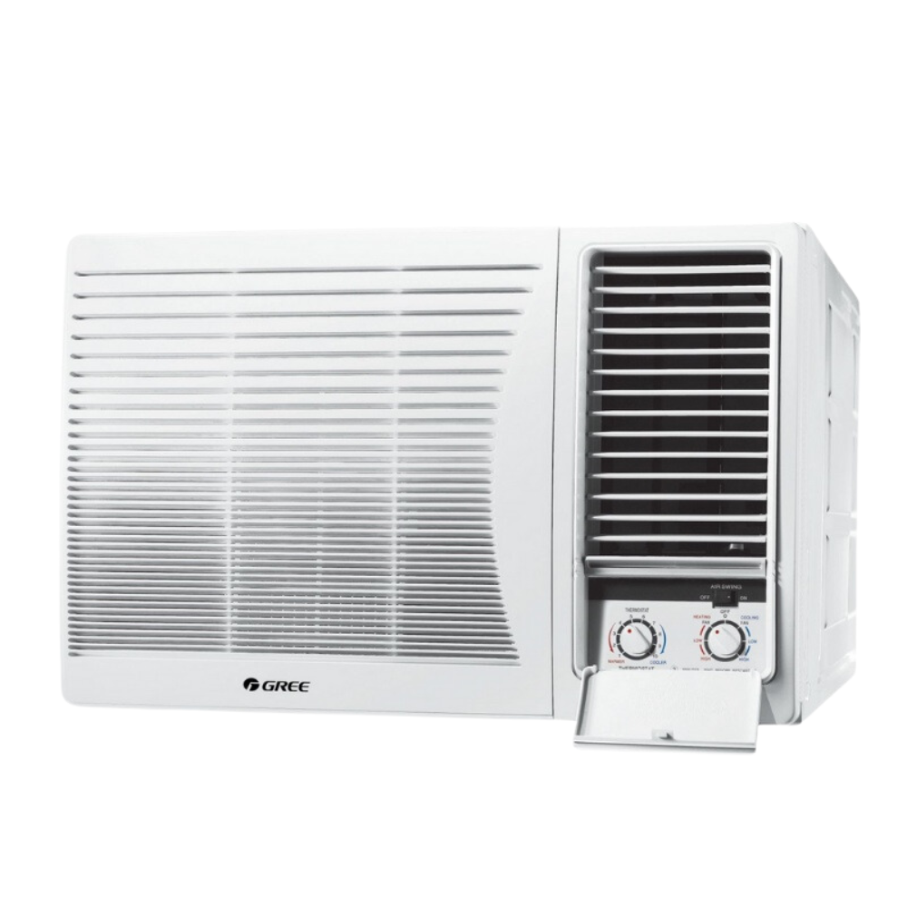 White wall-mounted air conditioner with control panel on a white background