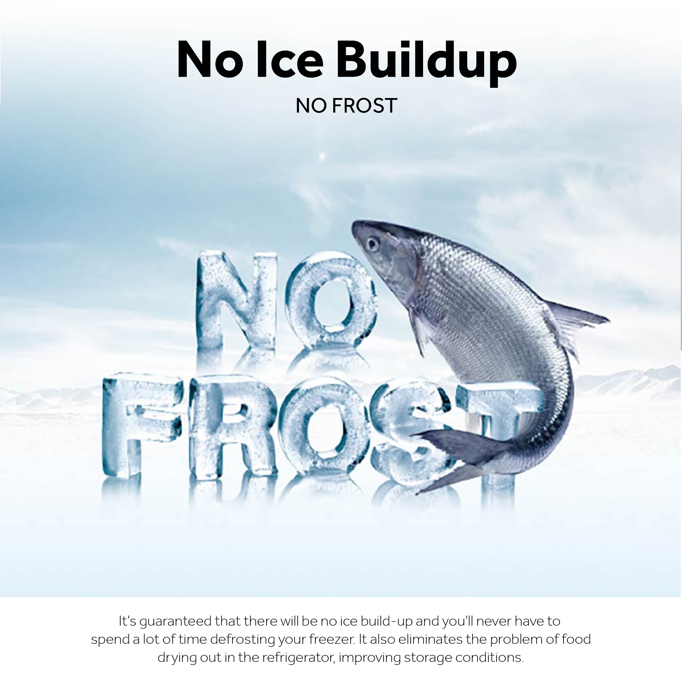 Advertisement for 'No Frost' technology with a fish and ice letters on a light blue background.