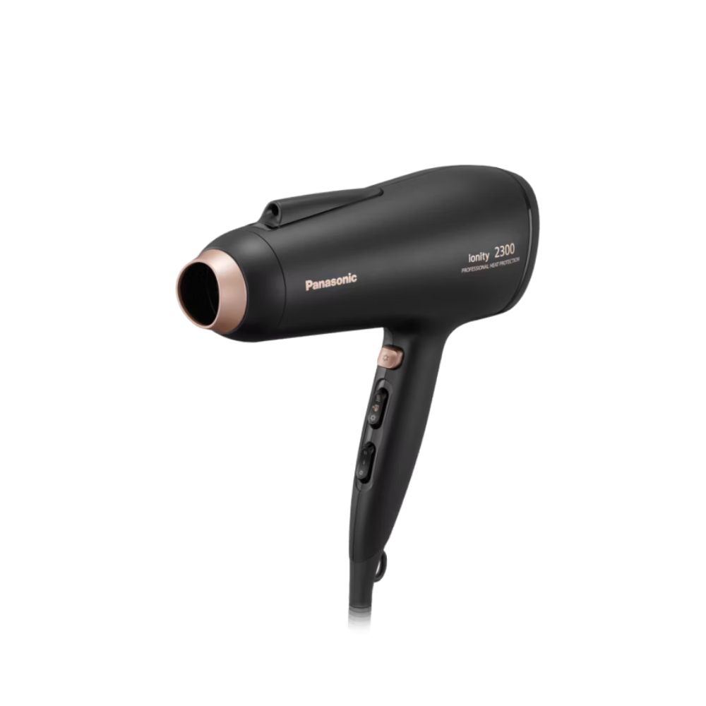 Black Panasonic hair dryer on a white background