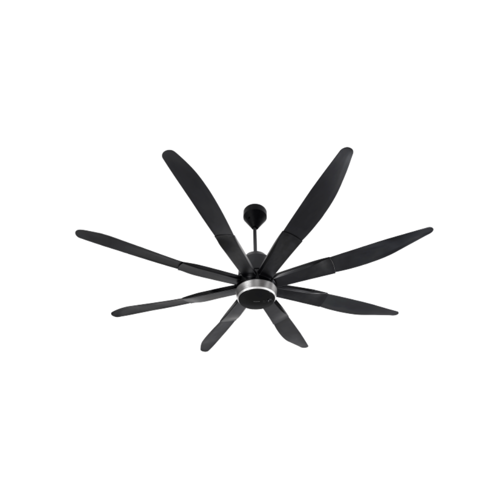 Black ceiling fan with six blades on a white background