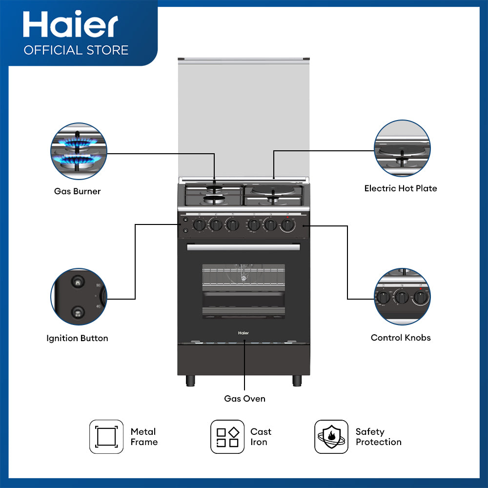 Haier HFS-603G1E86GOBS 60cm Gas Range 3 Gas Burners & 1 Electric Plate with 86L Double Burner Gas Oven with Grill & Rotisserie - New Model