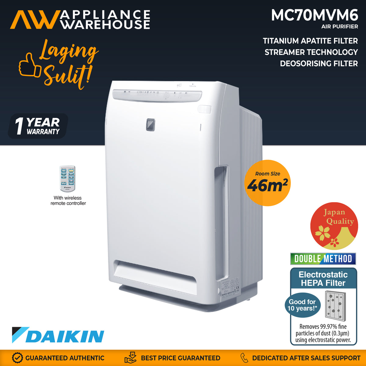 DAIKIN MC70MVM6 Air Purifier w/ STREAMER Technology I Deodorising Filter I Electric Dust Collection I 46sqm[Appliance Warehouse]