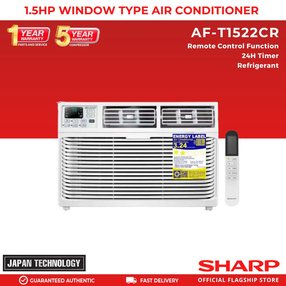 SHARP AF-T1522CR 1.5HP Remote Window Type Air Conditioner with Remote Control Function 24H Timer Refrigerant