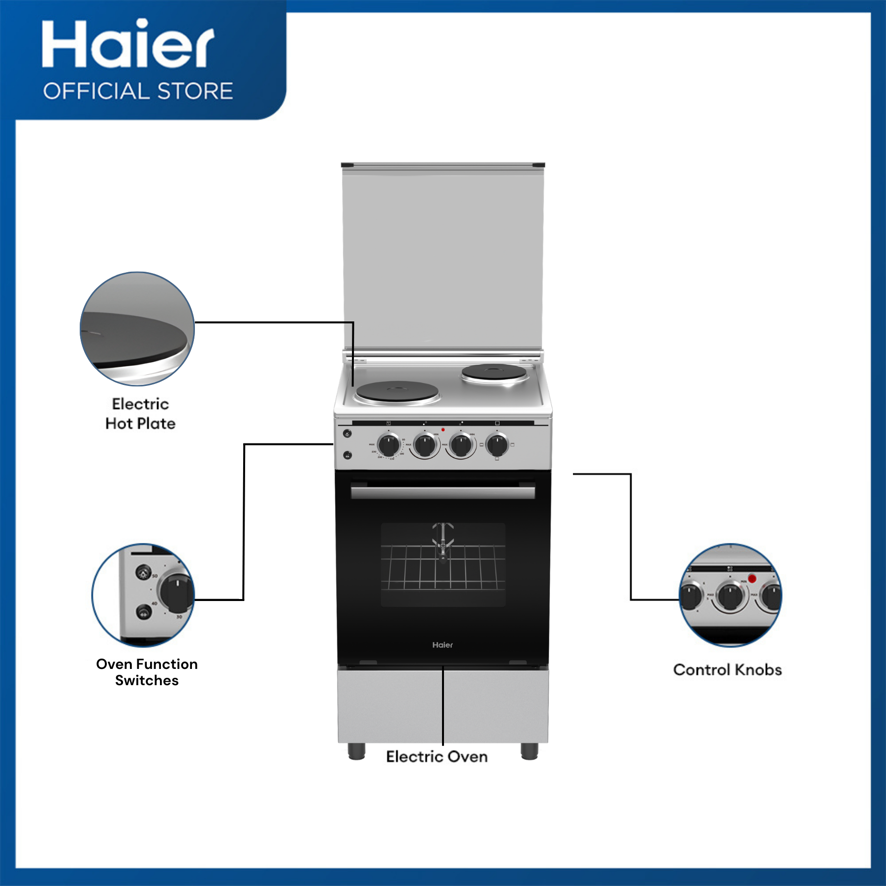 [NEW] Haier HFS-502E63EOSS 50 cm 2 Electric Plate with 63L Electric Oven Cooking Range  (Rotisserie & Electric Grill)