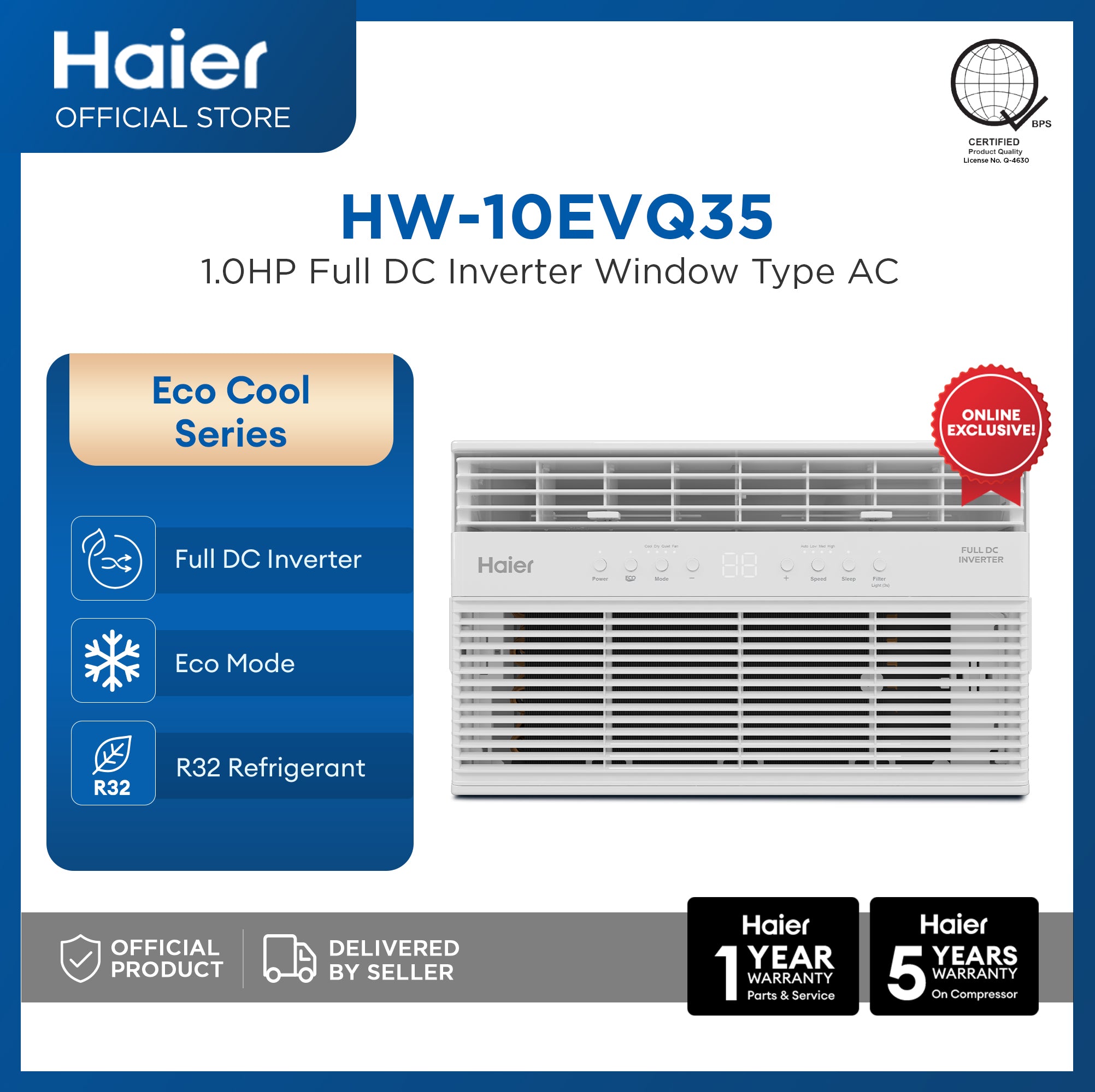 Haier HW-10EVQ35 1.0 HP Eco Cool Full DC Inverter Window Type Aircon w/ Remote | R32 Refrigerant | Eco Mode | 24hrs Timer | Filter Alarm | Blue Fin | 100% Copper Pipes