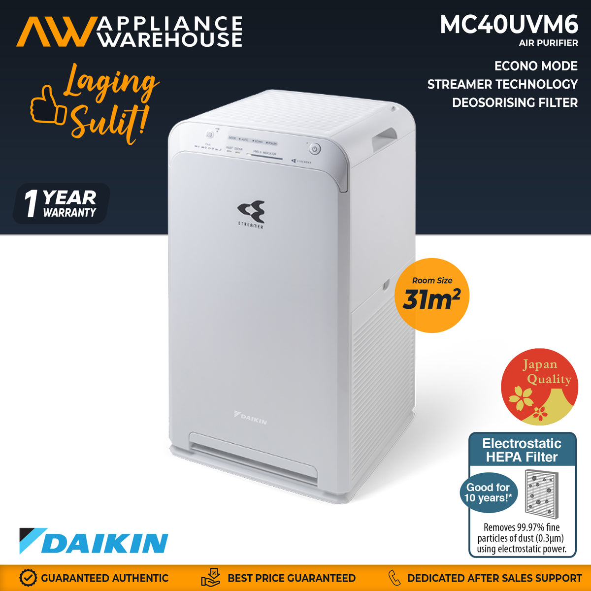 DAIKIN MC40UVM6 Air Purifier w/ STREAMER Technology I Electrostatic HEPA Filter I Deodorising Filter I 31sqm[Appliance Warehouse]