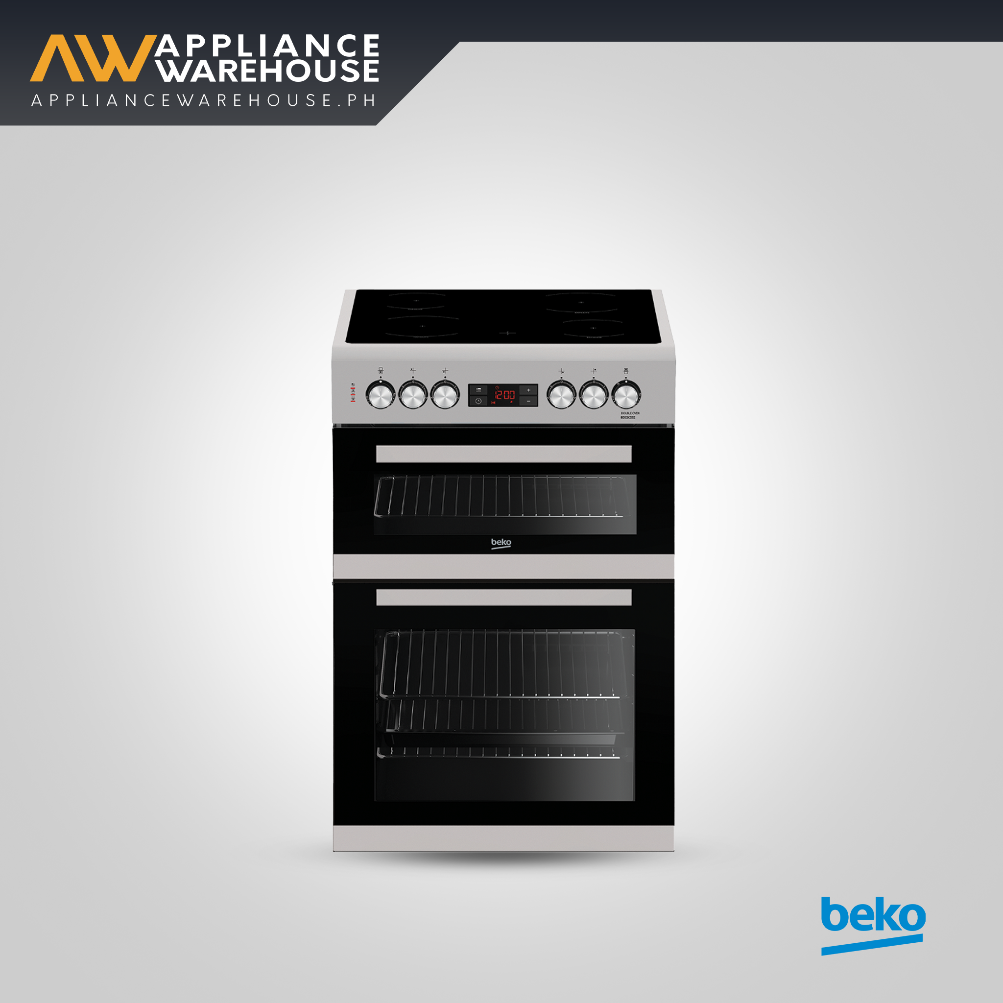 Beko Freestanding Cooker 60cm, 4 Vitroceramic Hobs  Electric Hob & Electric Double Glass Door Oven + Electric Grill BDC6C55X