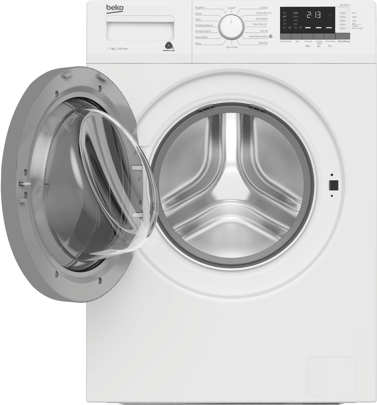 White Beko washing machine with open door on a white background