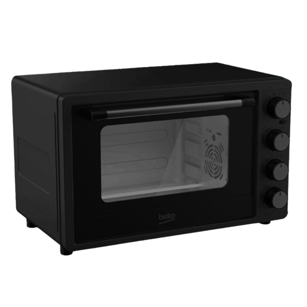 Black toaster oven with glass door on a white background