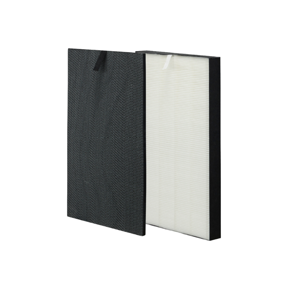 Black rectangular air filter with white interior on a white background