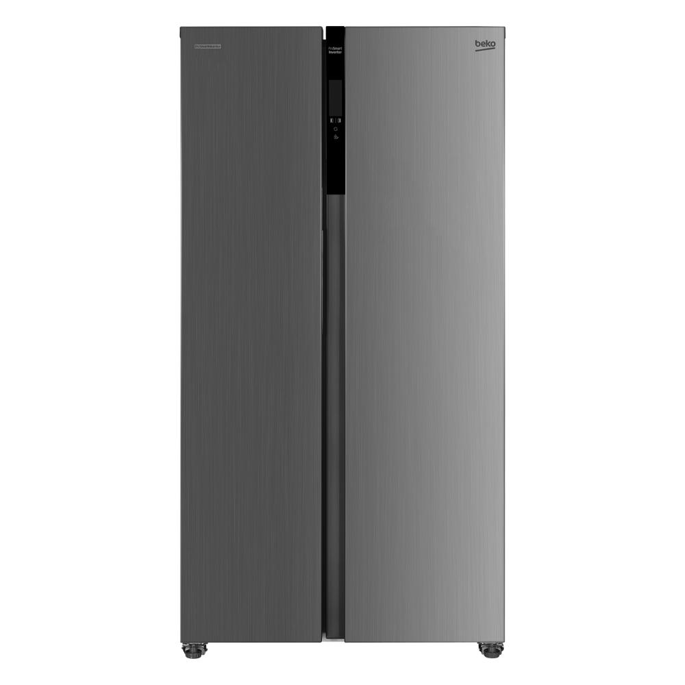 Gray refrigerator with black accents on a white background