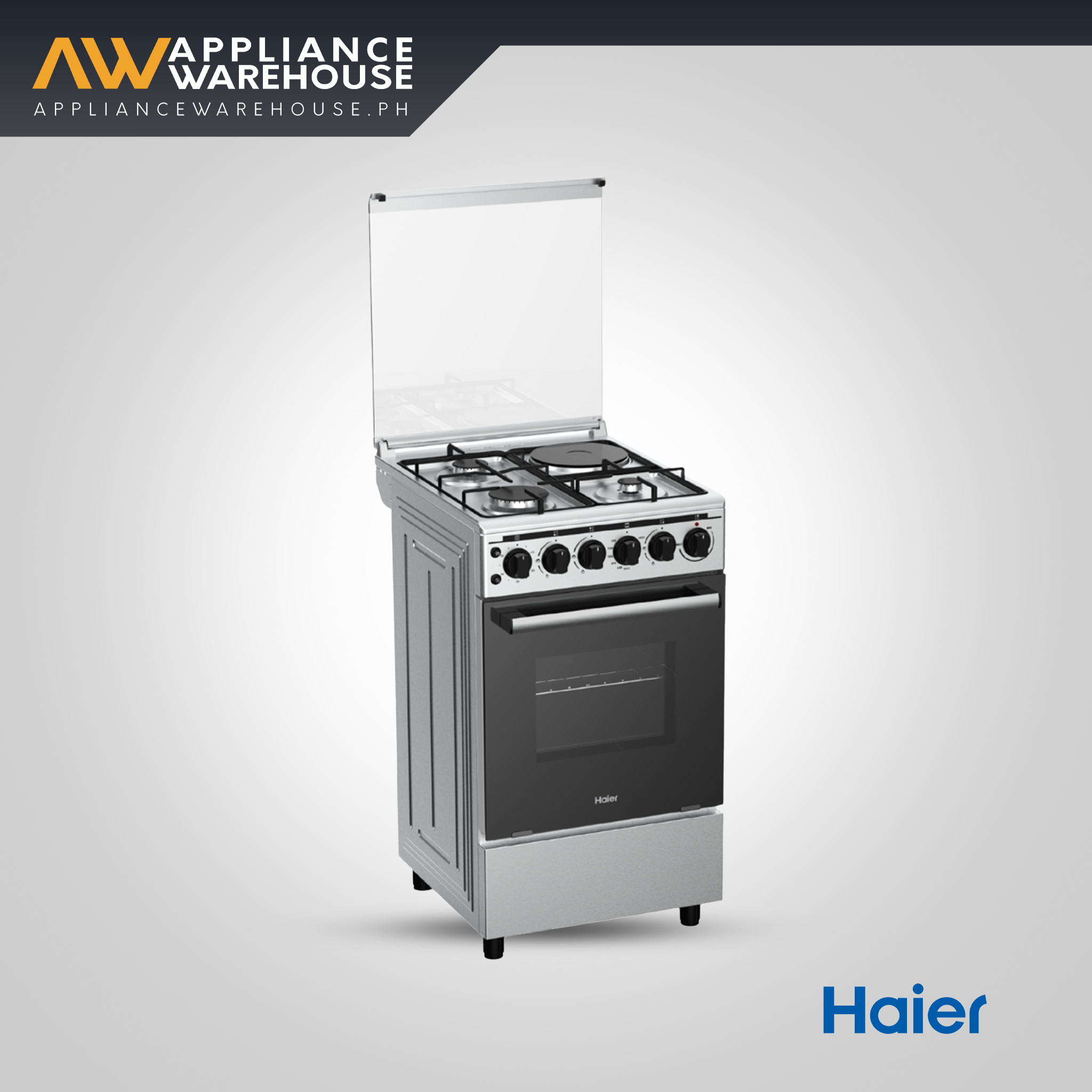 Haier 50 cm Gas Range – 3 Gas Burners + Electric Hotplate, 63 L Oven