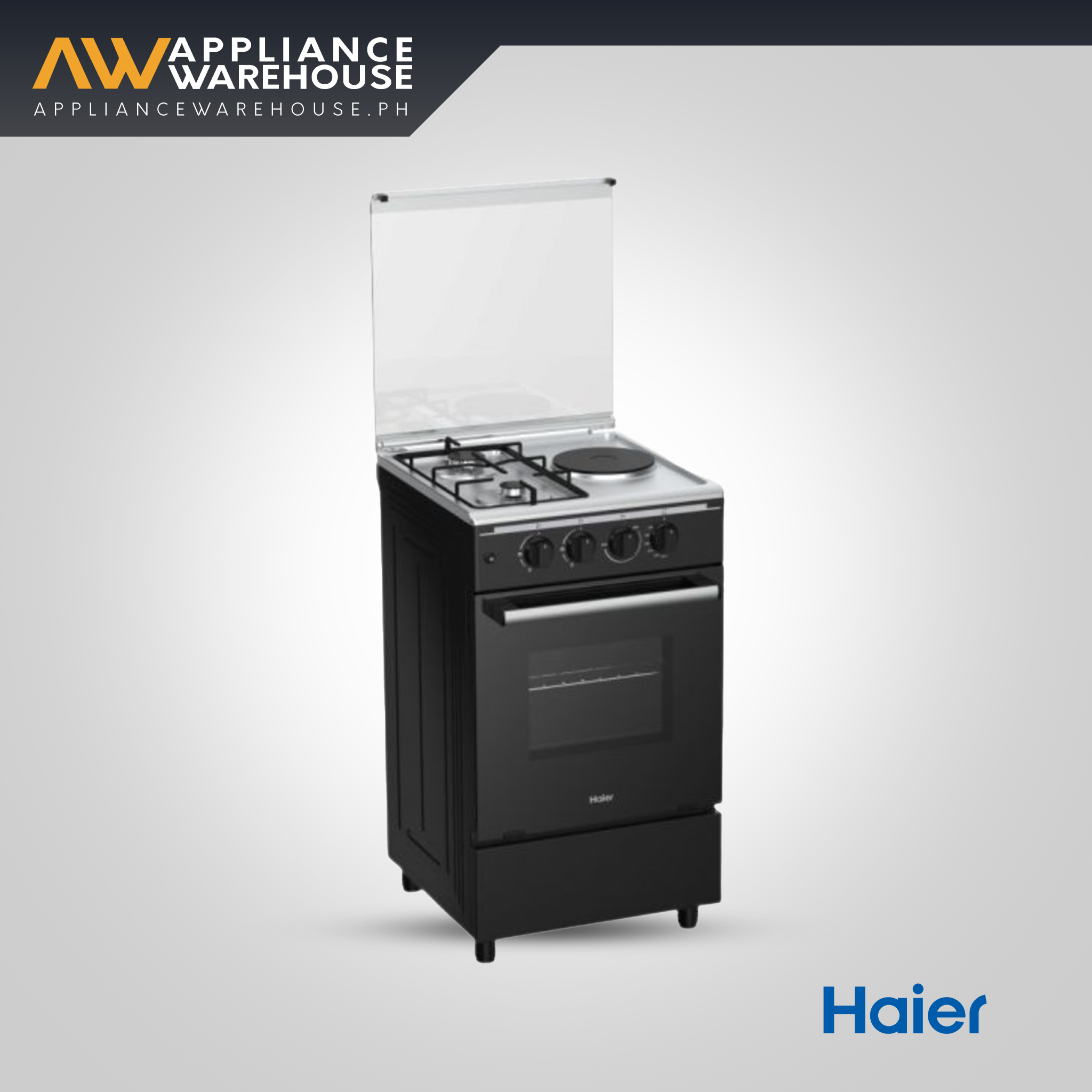 Haier 50cm Gas Range – 4 Burners, 63L Oven with Grill & Rotisserie