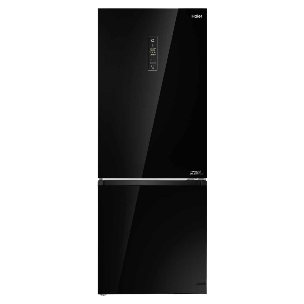 Black refrigerator with Haier logo on a white background