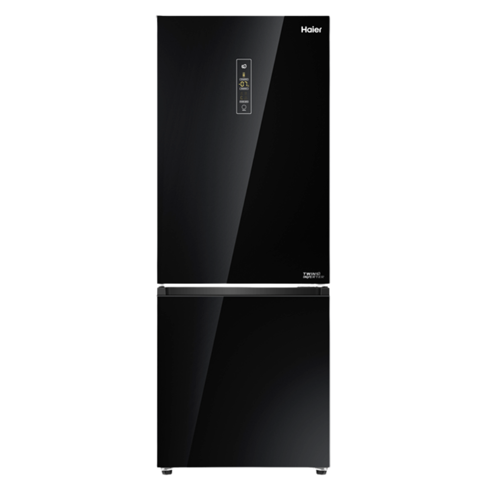 Black Haier refrigerator on a white background
