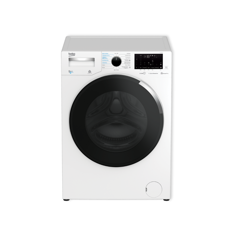 White washing machine with black door on a white background