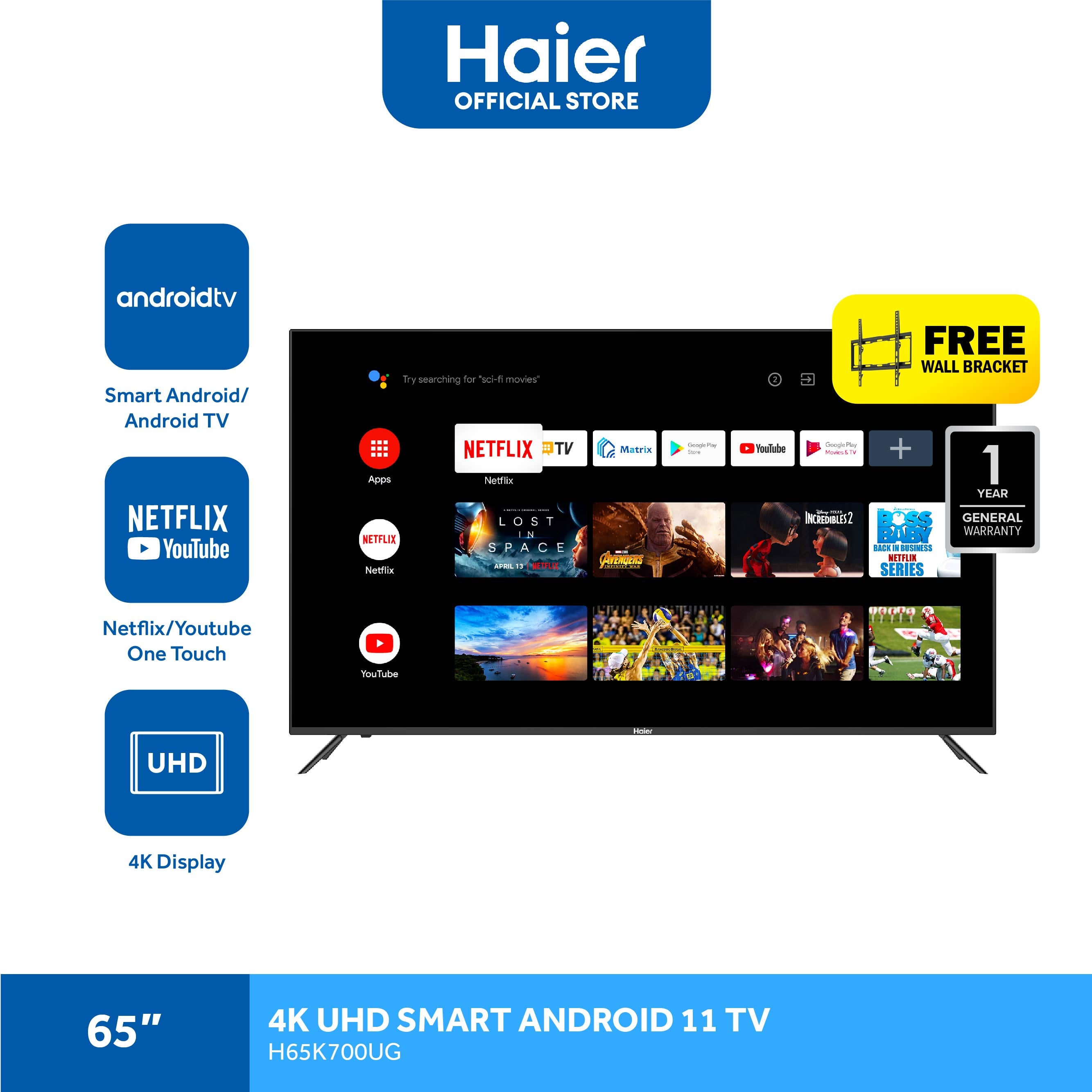 Haier H65K700UG 65 Inch 4K UHD Smart Android 11 TV (Netflix & Youtube One Touch, Google Playstore, Google Assistant, Google Chromecast Built in, Dolby Digital Decoding, HDR) (1)