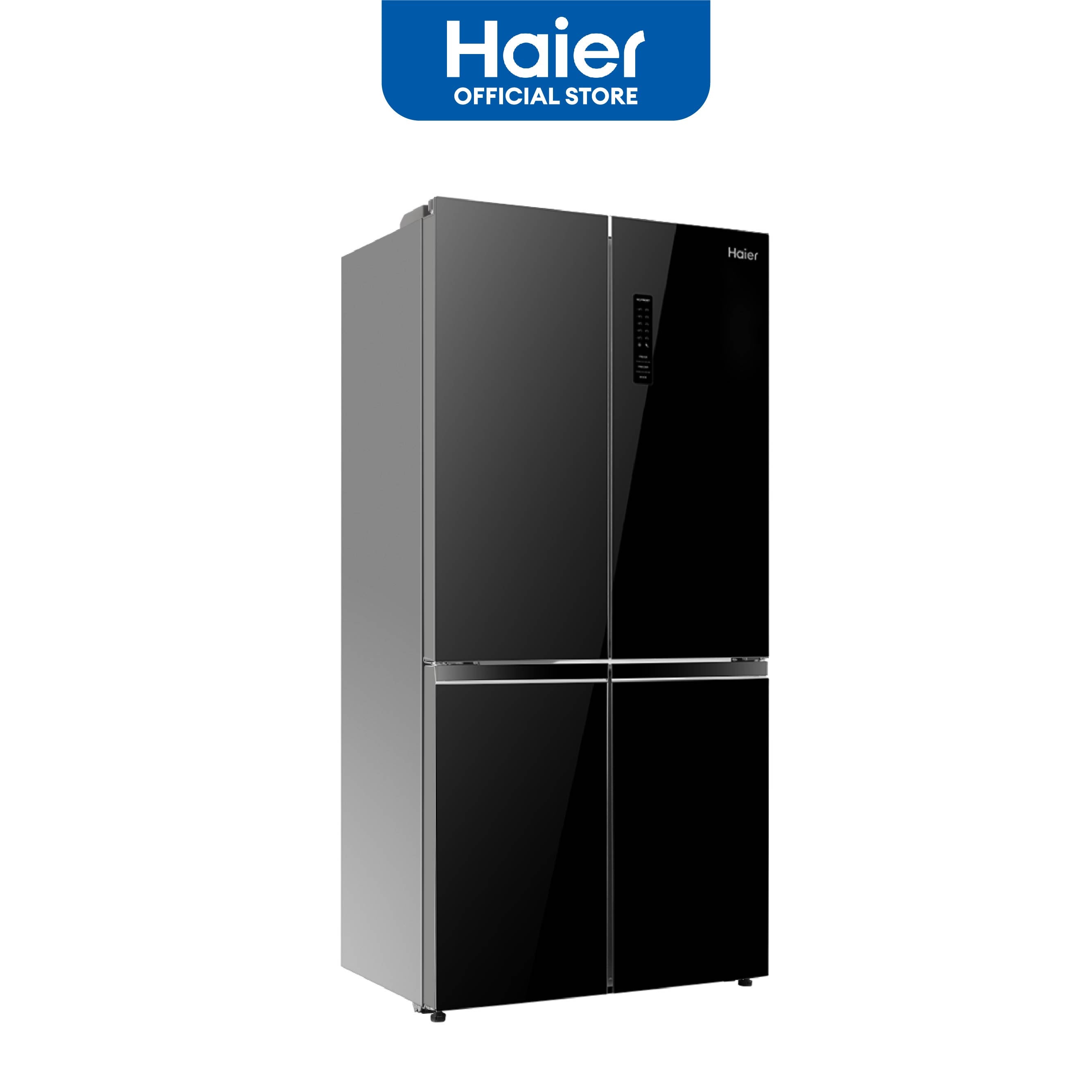 Black refrigerator with Haier logo on a white background