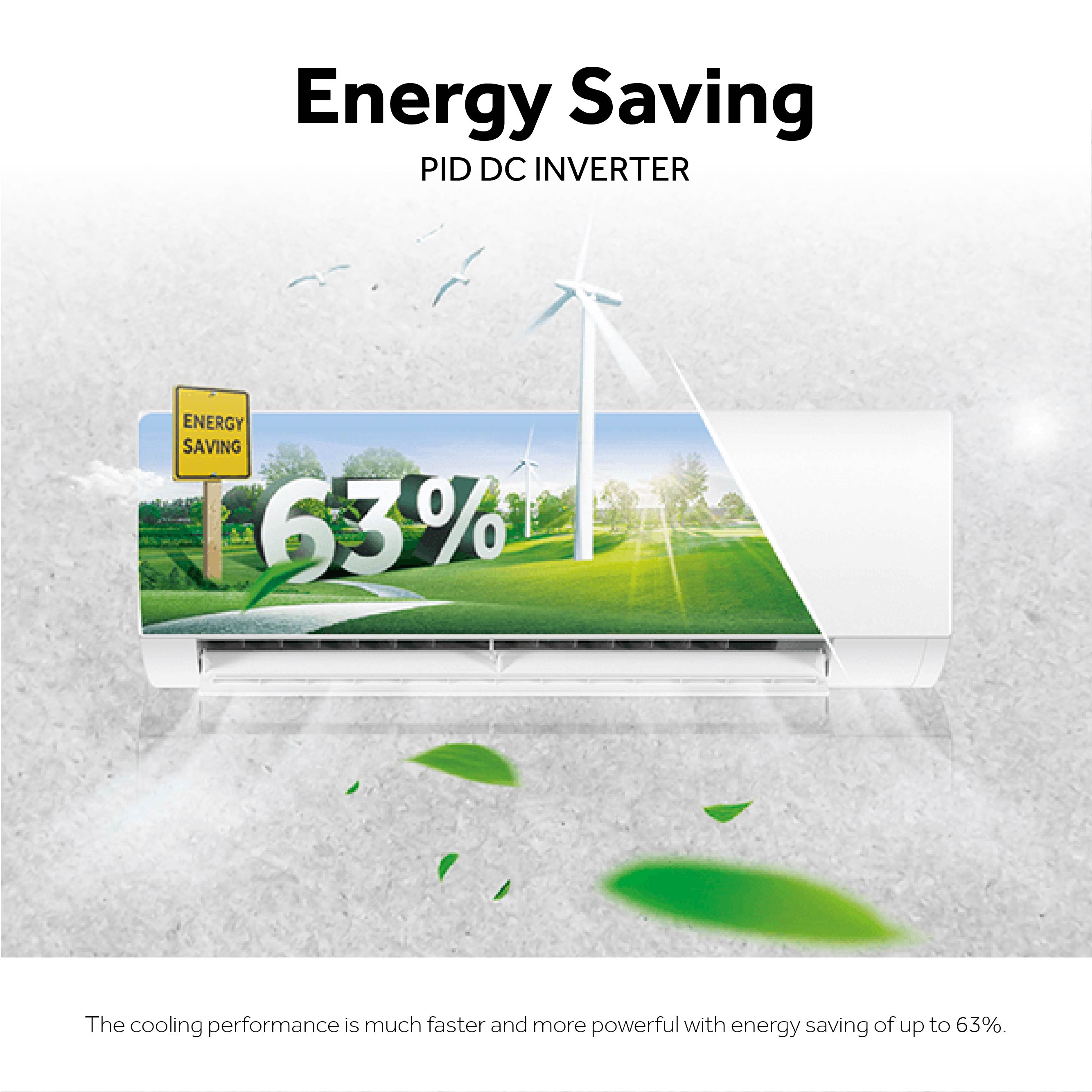 Energy-saving PID DC INVERTER with greenery and wind turbine graphic on a white background