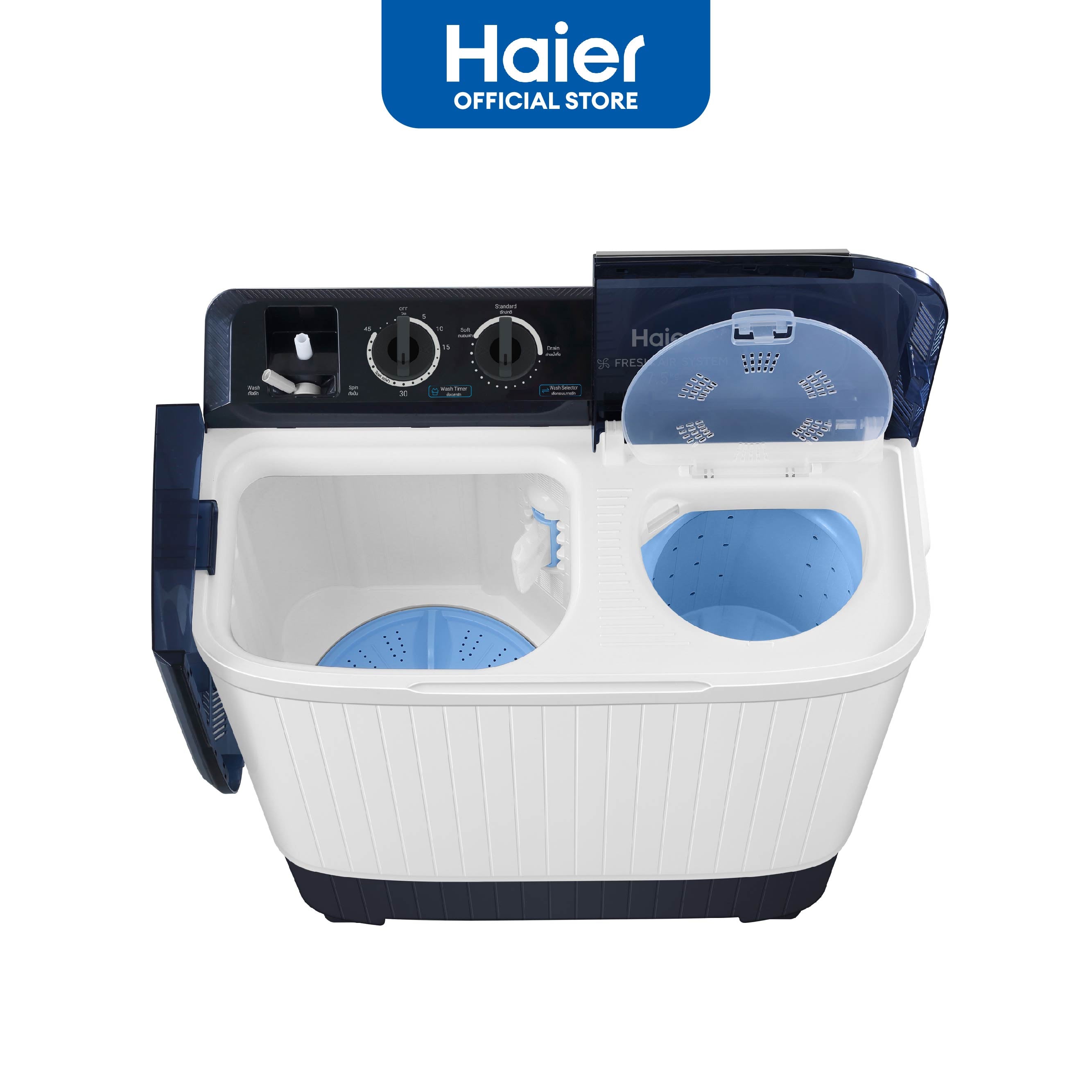 Haier washing machine with blue interior on a white background