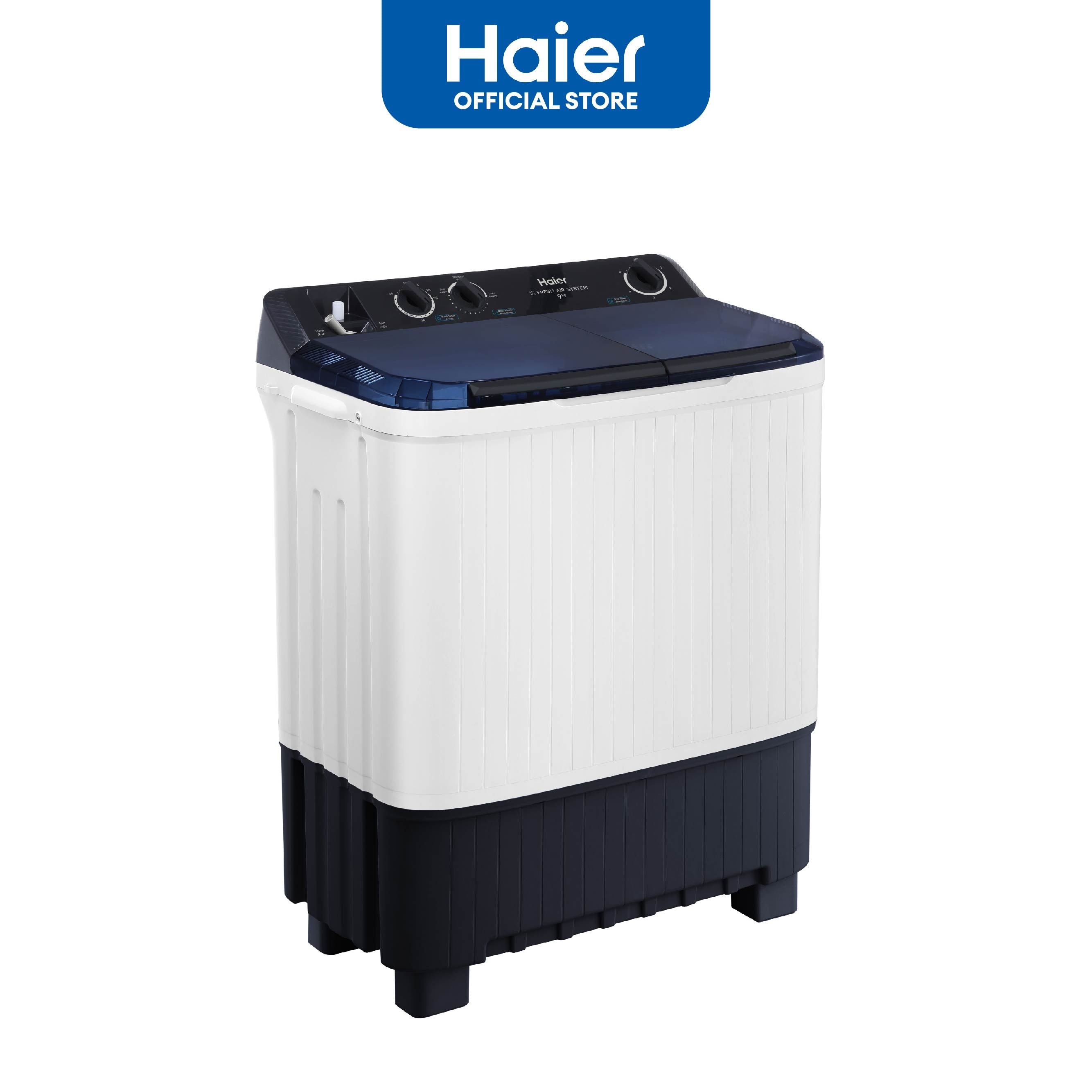 Haier washing machine on a white background with Haier logo above.