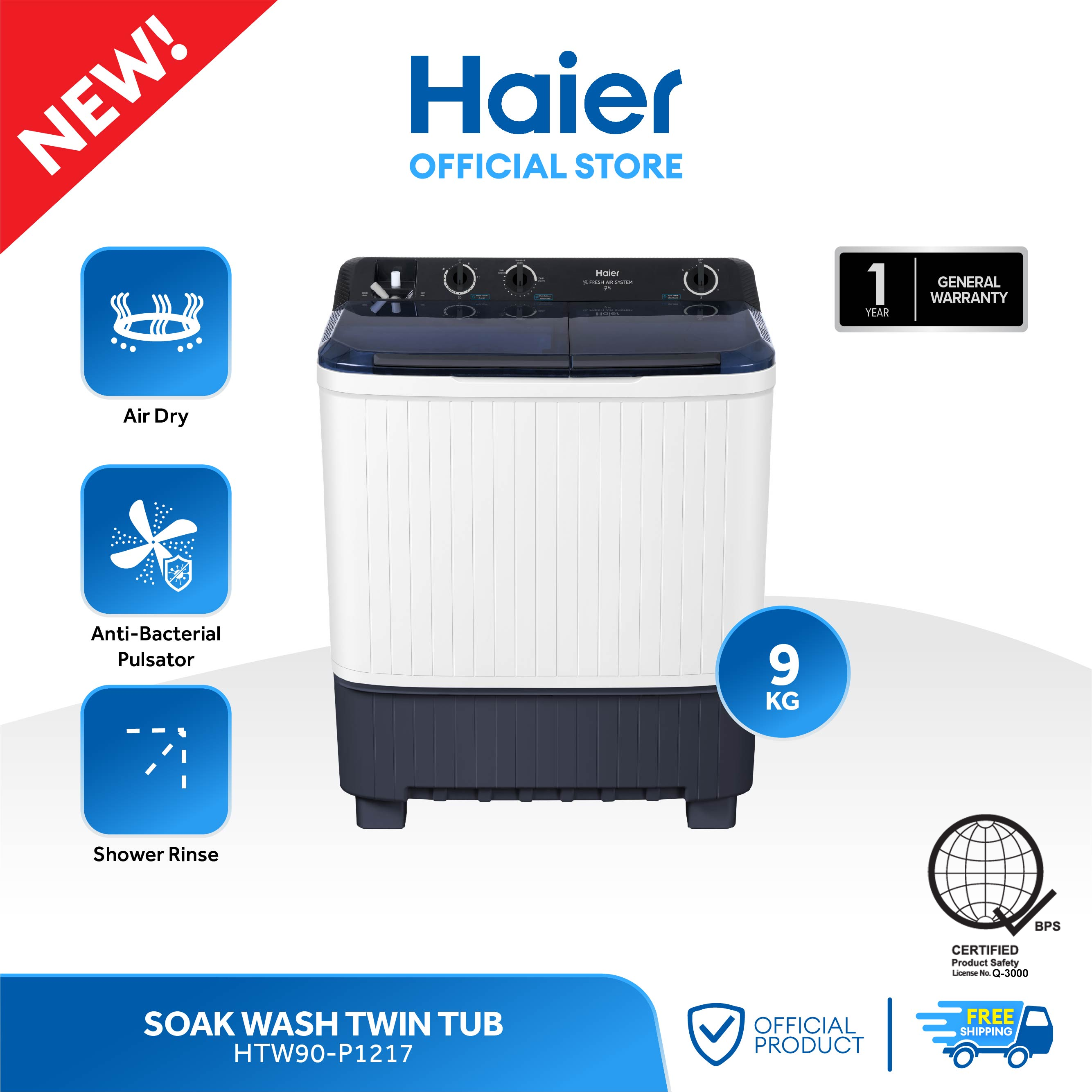 Haier 9KG soak wash twin tub washing machine with features and branding on a white background