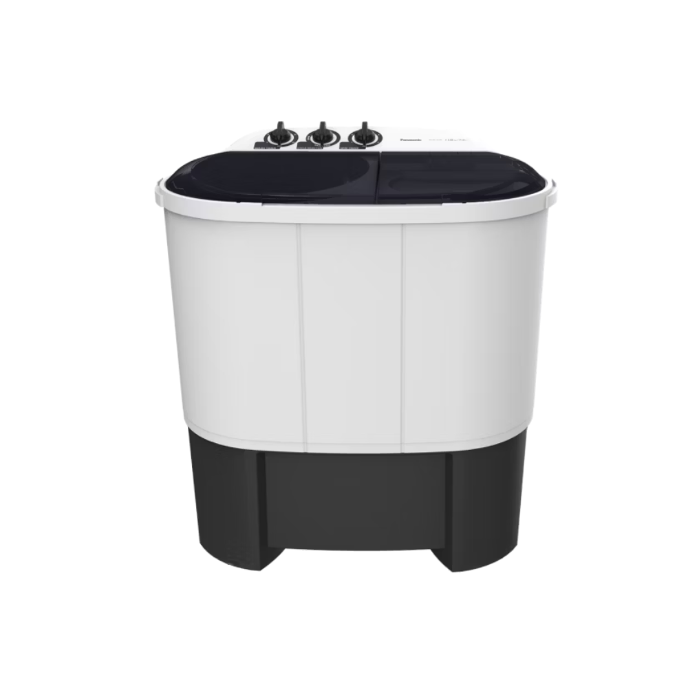 White and black two-compartment washing machine on a white background