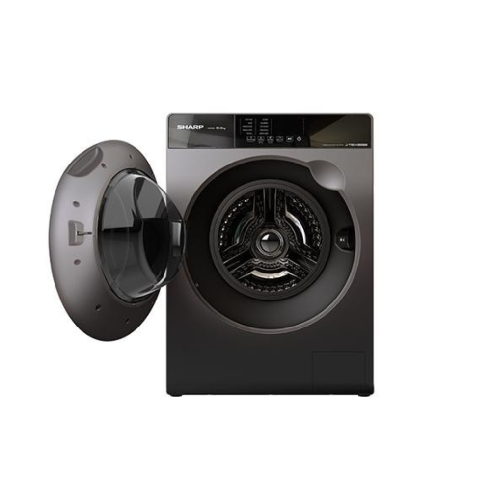 Black Sharp washing machine with open door on a white background