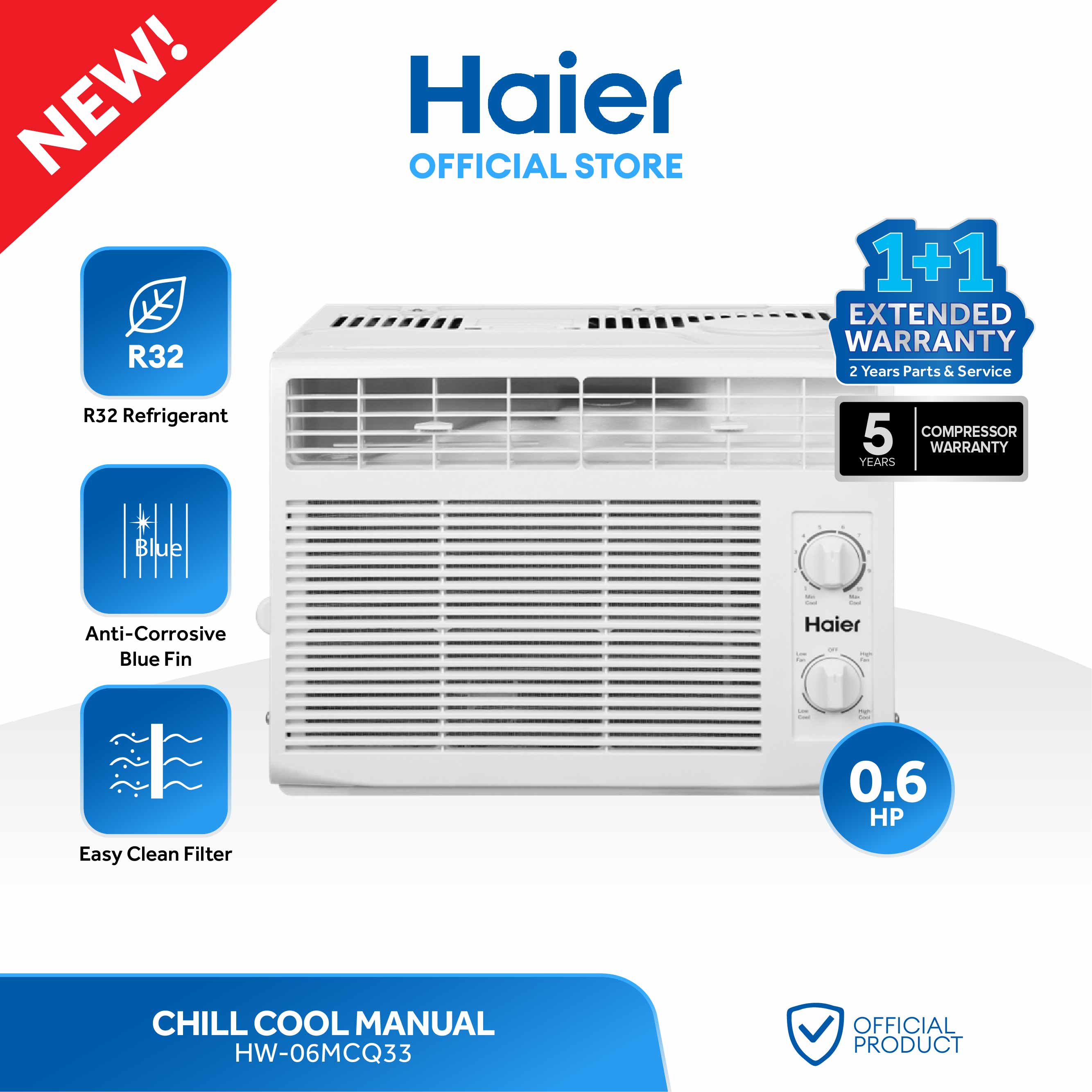 [TOP SELLER] Haier HW-06MCQ33 0.6 HP Chill Cool Window Type Aircon for Small Room | R32 Refrigerant | Blue Fin Anti-corrosion Paint | 100% Copper Pipes - New Model (1)
