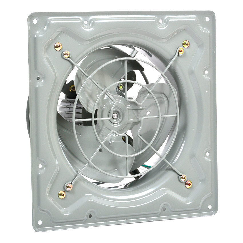 Exhaust fan with a metallic finish on a white background