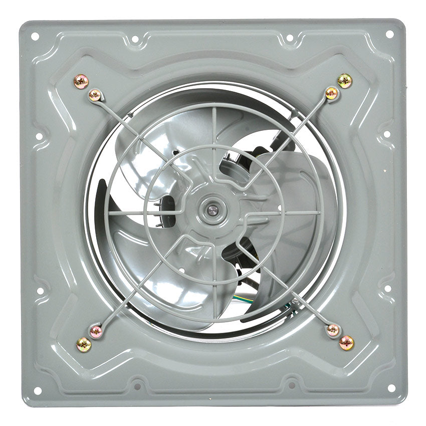 Exhaust fan with metallic blades and frame on a white background