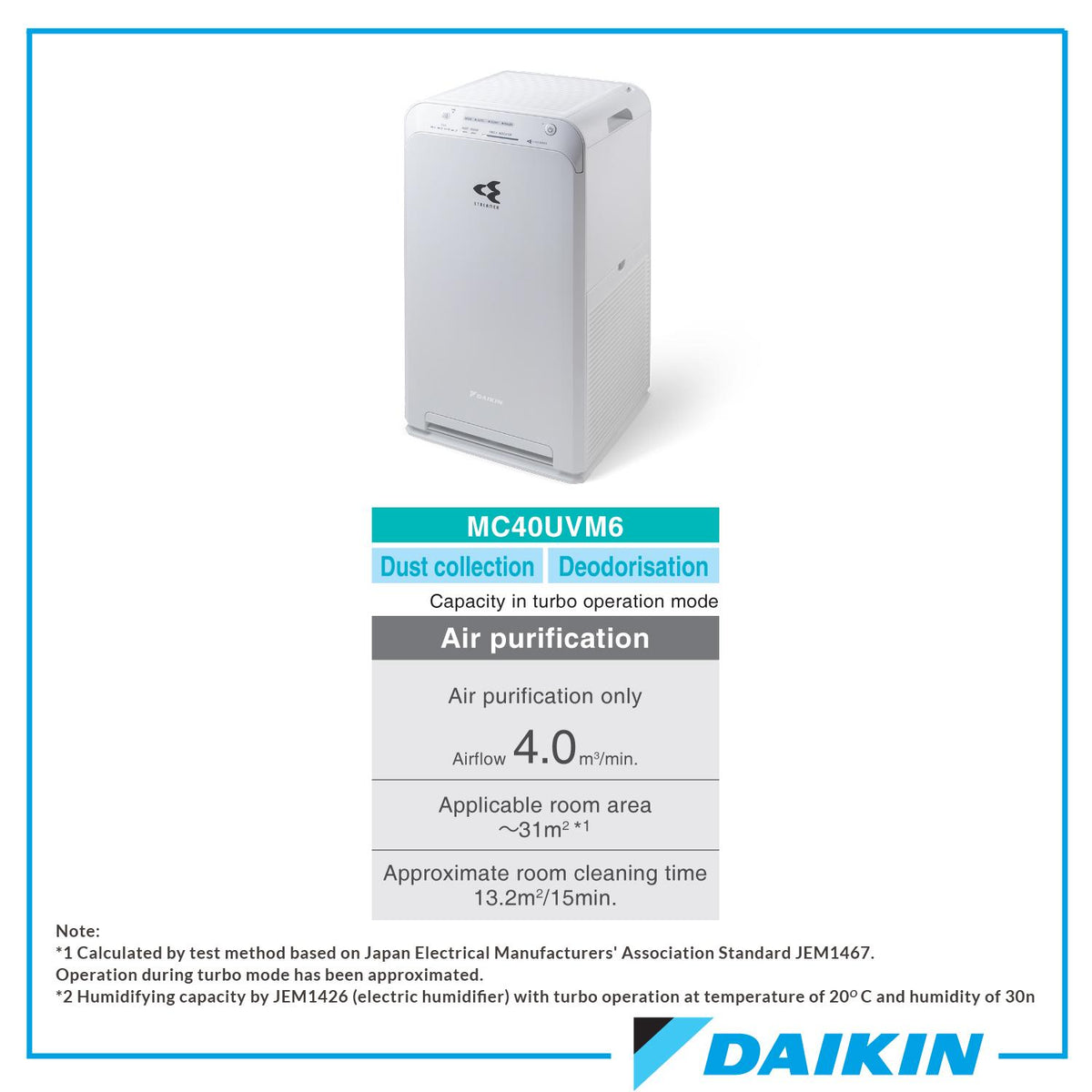 DAIKIN MC40UVM6 Air Purifier w/ STREAMER Technology I Electrostatic HEPA Filter I Deodorising Filter I 31sqm[Appliance Warehouse]