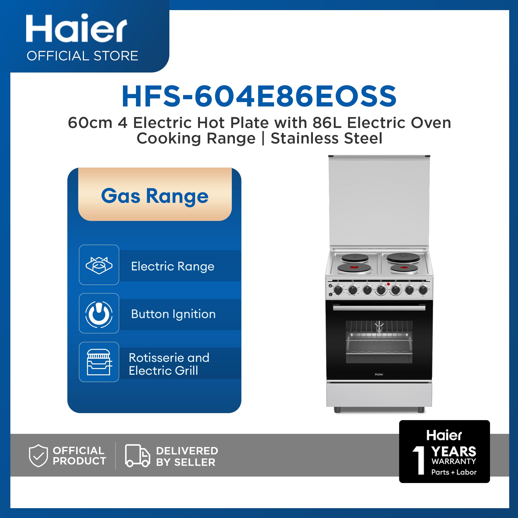 Haier HFS-604E86EOSS 60 cm 4 Electric Hot Plate with 86L Electric Oven Cooking Range (Rotisserie & Electric Grill)
