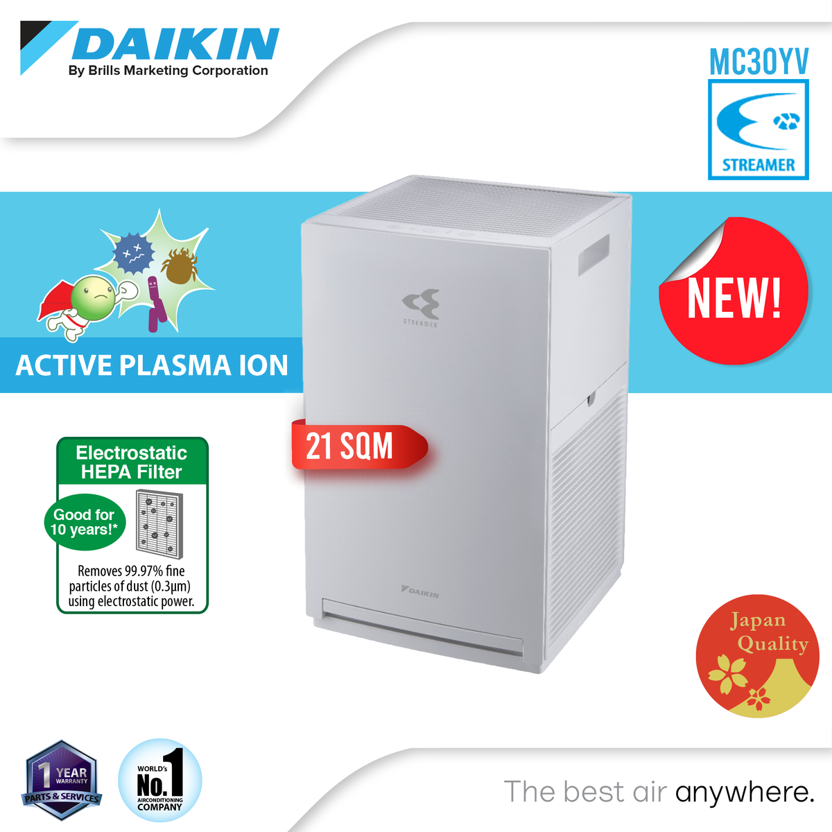 DAIKIN MC30YV Air Purifier w/ STREAMER Technology I Electrostatic HEPA Filter I Deodorising Filter I 21sqm