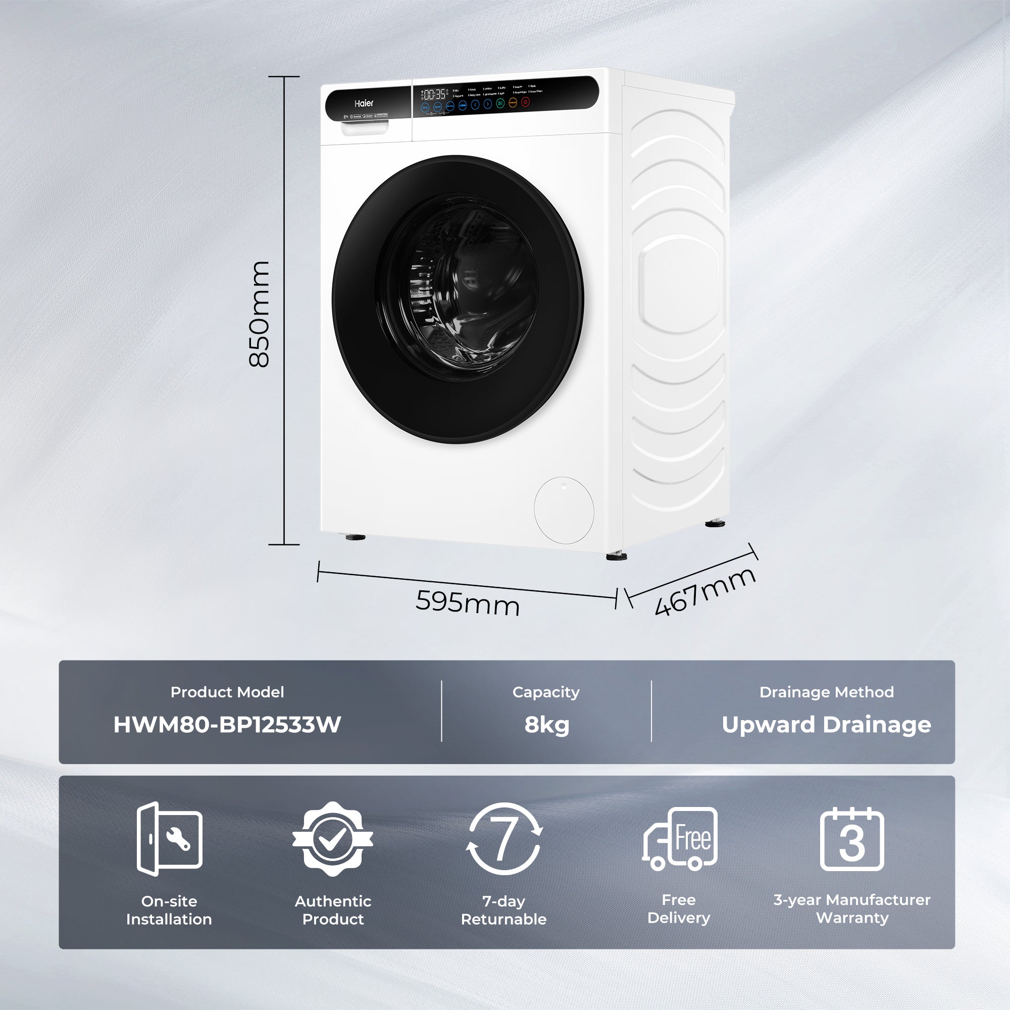 Haier HW80-BP10533W 8.0 kg One-Touch Smart Wash Front Load Inverter Washer Fully Automatic Washing Machine