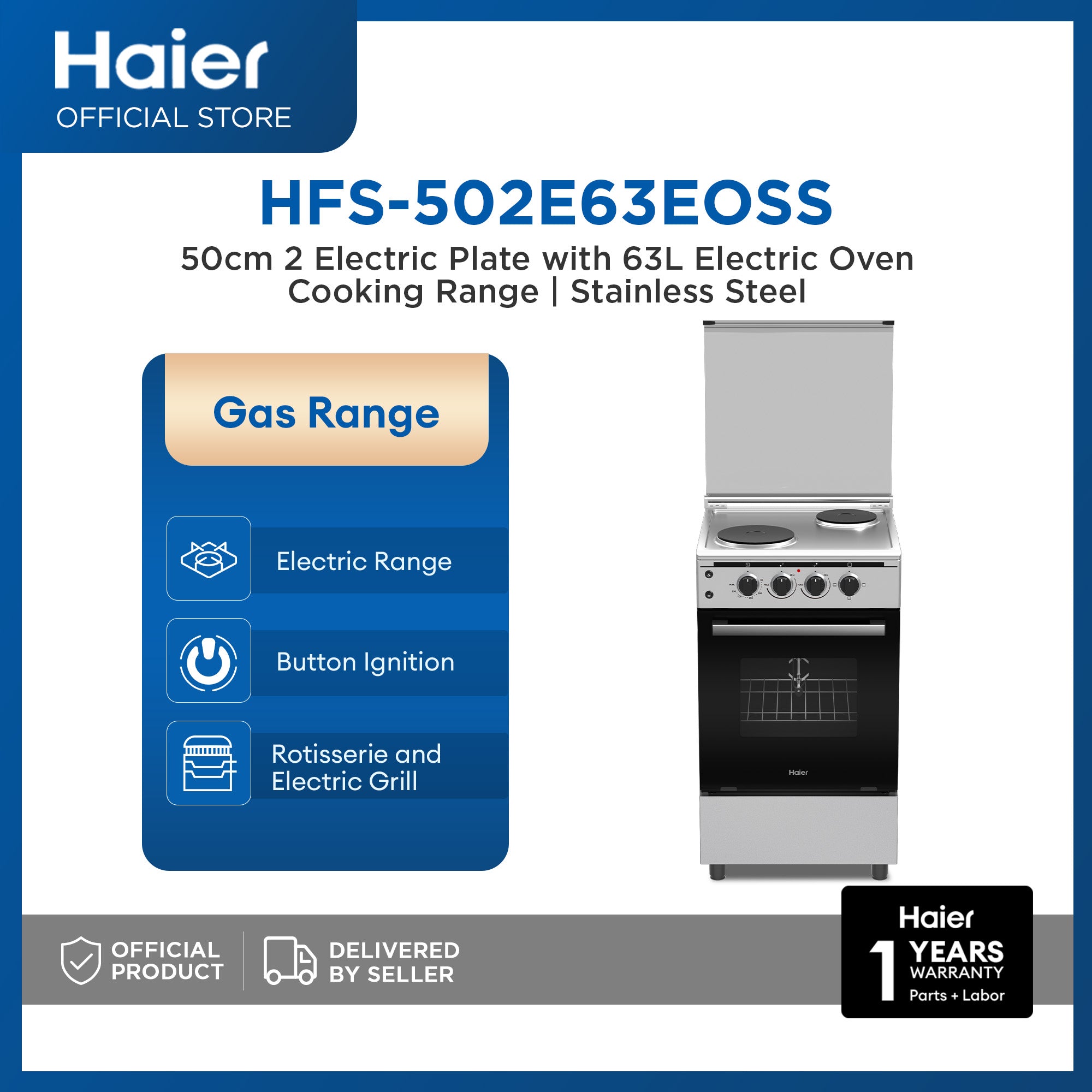 [NEW] Haier HFS-502E63EOSS 50 cm 2 Electric Plate with 63L Electric Oven Cooking Range  (Rotisserie & Electric Grill)