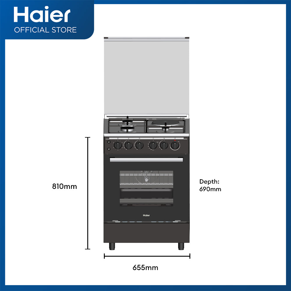 Haier HFS-603G1E86GOBS 60cm Gas Range 3 Gas Burners & 1 Electric Plate with 86L Double Burner Gas Oven with Grill & Rotisserie - New Model